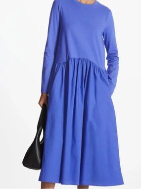 NWT COS LONG-SLEEVED GATHERED MIDI DRESS Size Medium Blue